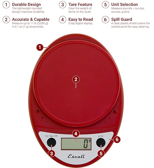 Escali Primo Digital Food Scale Multi-Functional Kitchen Scale and Baking Scale for Precise Weight Measuring and Portion Control 8.5 x 6 x 1.5 inches Warm Red