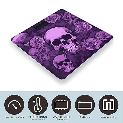 Purple Skulls and Roses Digital Bathroom Scale for Body Weight with High Precision Digital Weighing Scale with BMI Clear LCD Display and Step-On Measures Weight Up to 180kg