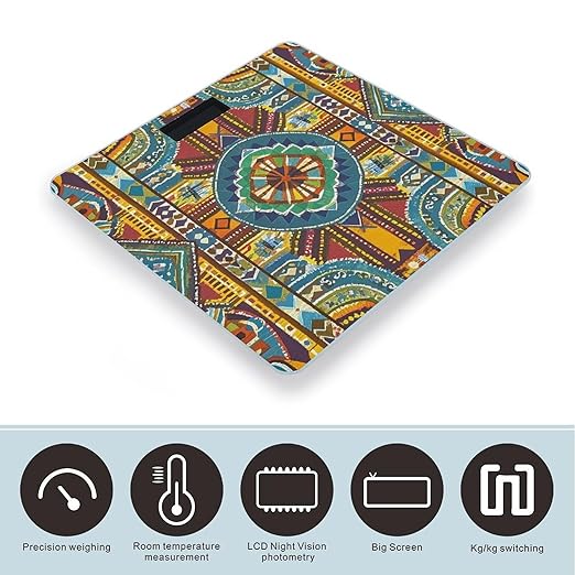 African Style Textile Pattern Scale for Body Weight Accurate Digital Bathroom Scale Toughened Glass High Precision Scales Smart Weight Scales with Large LCD Backlight Display Weighing Machine