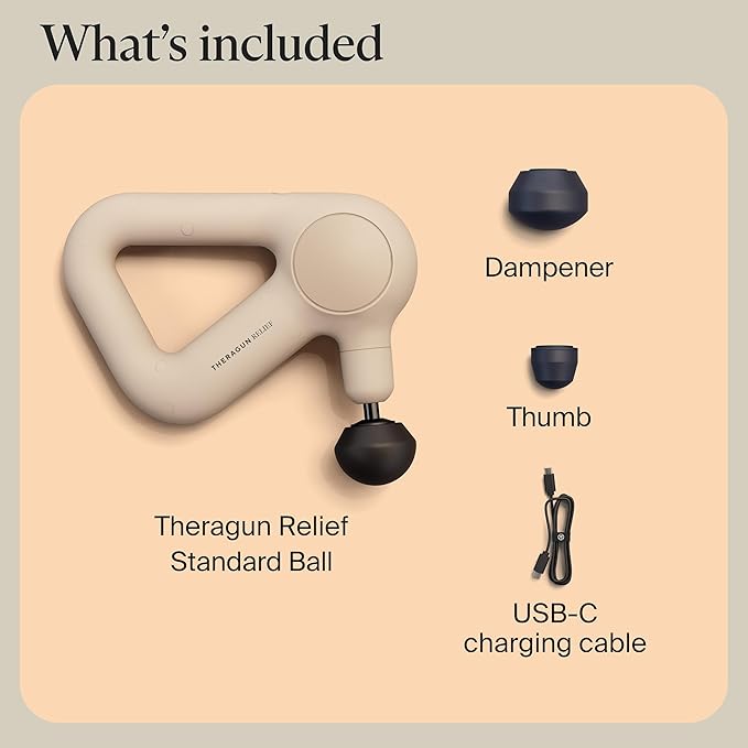 TheraGun Relief by Therabody - Easy-to-Use Comfortable &amp Light Handheld Percussion Massage Gun for Everyday Pain Relief Massage Therapy in Neck Back Leg Shoulder and Body (Sand)