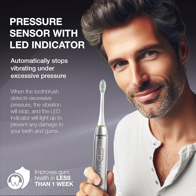 Wagner Stern IntelliBrush Series Whitening Electric Toothbrush with Pressure Sensor. Offers 4 Brushing Modes 3 intensities 8 Soft Brush Heads and a Luxury Travel case.