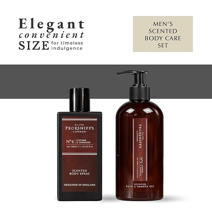 Pecksniff’s Men’s Body Duo Set – Leather &amp Oakmoss Scented Bath &amp Shower Gel 250ml &amp Body Spray 100ml – Luxury Grooming Gift Set for Him