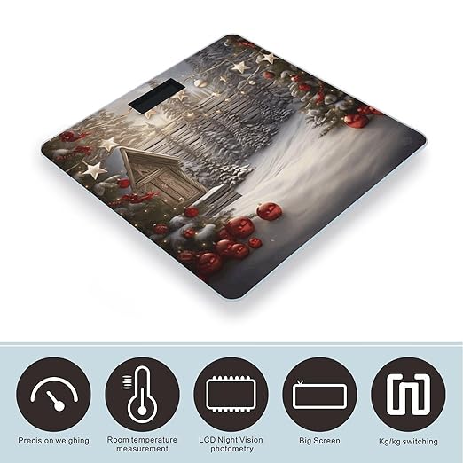 Christmas Wood Scale for Body Weight Safe Rounded Corners Tempered Glass Digital Bathroom Scale LED Display 400lb Capacity Weight Scales with High Precision Sensors