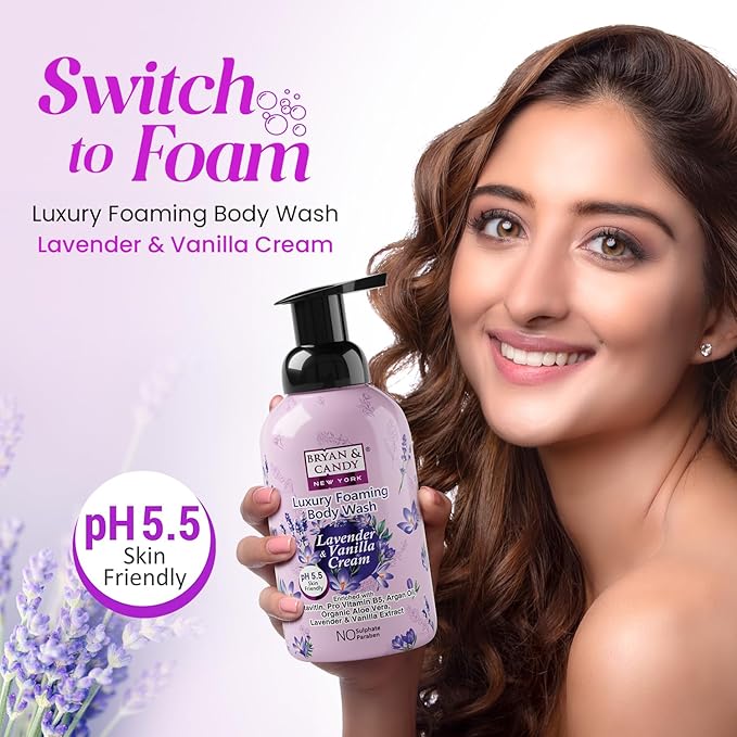 BRYAN &amp CANDY Lavender &amp Vanilla Cream Luxury Foaming Body Wash With PentavitinPro Vit B5Argan OilLavender &amp Vanilla ExtractSkin Friendly Ph 5.5 All Skin Types 400 Ml 400 Ml (Pack Of