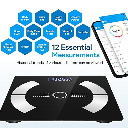 Body Fat Scale Smart Weight Scale Digital Bathroom Scale with Bluetooth functionality Capable of Analyzing Body Fat Muscle Mass Water Content and Bone Mass.