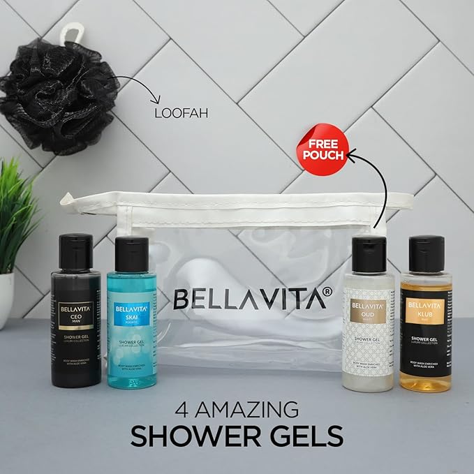 Bell'a Vit'a Luxury Men Trial Mini Kit Skai Aquatic OUD White KLUB &amp CEO Man Body Wash Refreshing Shower Gel for Smoother Skin with Aloe Vera 55ml Each