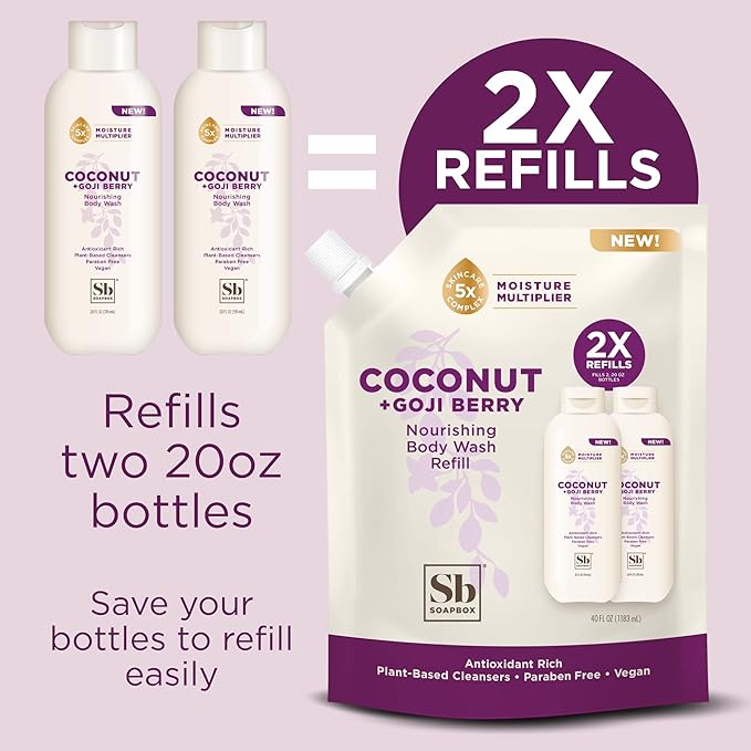 Soapbox Body Wash Refill Coconut + Goji Berry Body Wash Refill Pack Bulk Soap Pouch Vegan + Antioxidant Rich Moisturizing with Shea Butter Peptides &amp Keratin Promoting B3 40oz