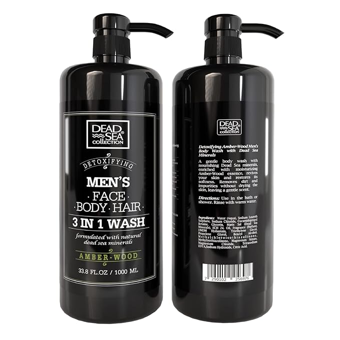 Dead Sea Collection Amber Wood Men’s Body Wash – 3 in 1 Body Wash for Men for Hair Face &amp Body – Moisturizing Shower Gel with Dead Sea Minerals – Pack of 2 (33.8 fl oz each)