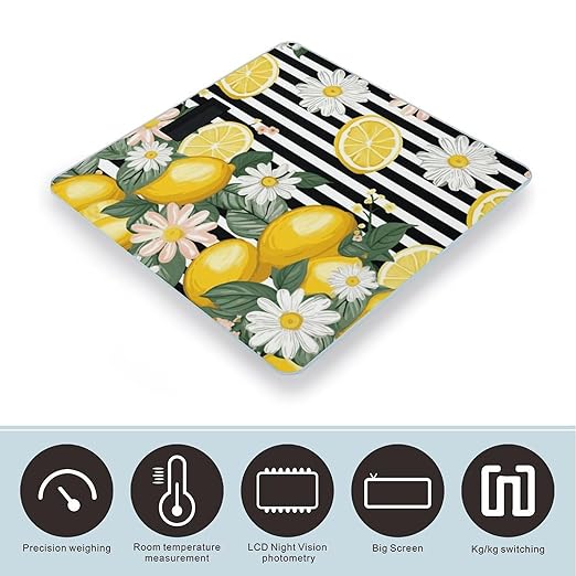 Lemon and Daisy Stripes Smart Scale for Body Weight Accurate Bathroom Scale with LED Display Digital Weight Scales Weighing Machine High Precision Scales for Bath Home