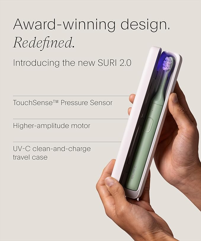 SURI 2.0 New Sonic Electric Toothbrush with Pressure Sensor &amp UV-Cleaning Travel Case | 1 Month+ Battery | Electric Toothbrush for Adults | Travel Toothbrushes | Tooth Brush | Green