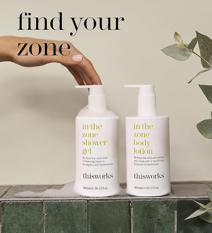 THISWORKS In The Zone Shower Gel | Refreshing Body Wash with Eucalyptus &amp Frankincense | Cleanses Soothes and Revitalizes Skin | Aromatherapeutic Formula 10.1 oz / 300ml