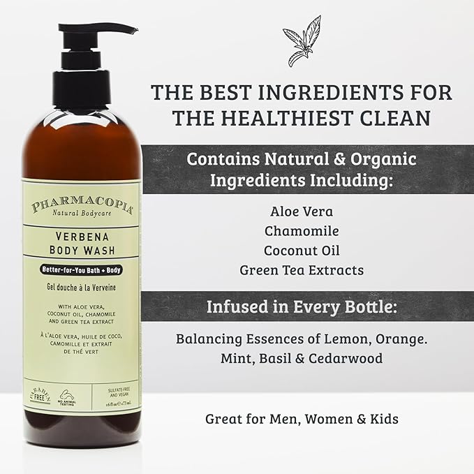 Pharmacopia Verbena Body Wash - Natural Shower Gel Moisturizing and Nourishing Body Cleanser - Infused with Organic Aloe Vera Coconut Oil and Green Tea Extract - Vegan and Cruelty-Free 16 oz