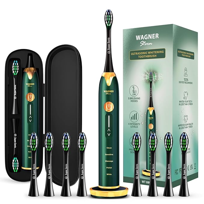 Wagner Stern Ultrasonic whitening Toothbrush with Pressure Sensor. 5 Brushing Modes and 4 Levels of Intensity 8 Soft bristles Travel case.