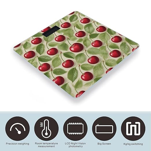 Red Cherry Pattern Bathroom Scale for Body Weight Bathroom Digital Electronic Weighing Scale with Back Lit LED Display Sturdy Tempered Glass Weight Watchers Scales 400lb
