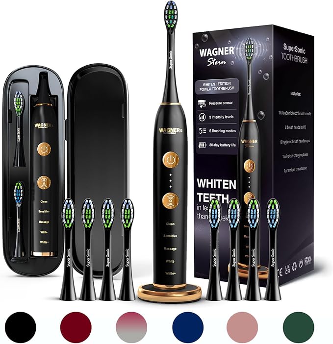 Wagner Stern WHITEN+ Edition. Whitening Electric Toothbrush with Pressure Sensor. Offers 5 Brushing Modes 3 intensities 8 Soft Brush Heads and a Luxury Travel case.