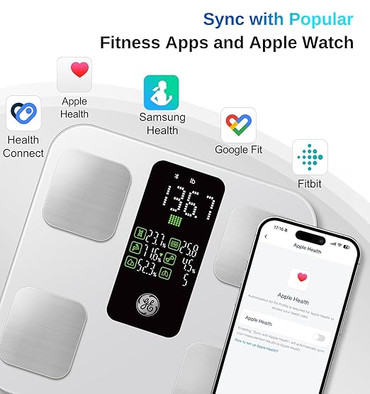 GE Scale for Body Weight: Body Fat BMI Muscle Mass Smart Bathroom Scales with 14 Body Composition Metrics with Large Display Accurate Bluetooth Weighing Machine with Fitness App 400 lbs White