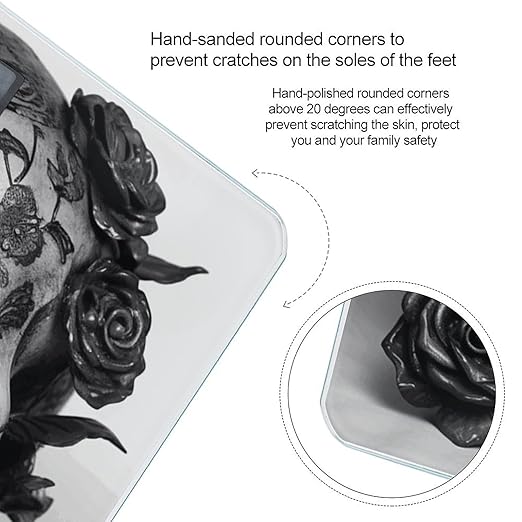 Black Skull Rose Scale for Body Weight Highly Accurate Digital Bathroom Scale Sturdy Tempered Glass Weighing Scales with LCD Display Fashion Body Fat Smart Scales 400lb
