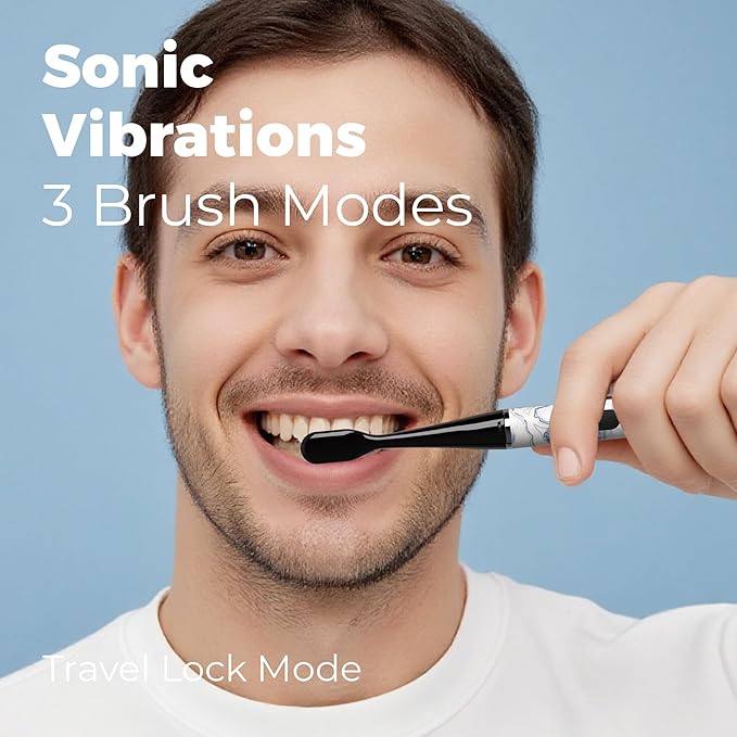 MIPOW Brush GO SlimPro i4 Electric Toothbrush Rechargeable Smart Ultra Sonic 3 Modes Travel Case &amp Ceramic Dock 60Day Battery Soft Bristles 2 Heads IPX7 Waterproof Color-Voyage Edition