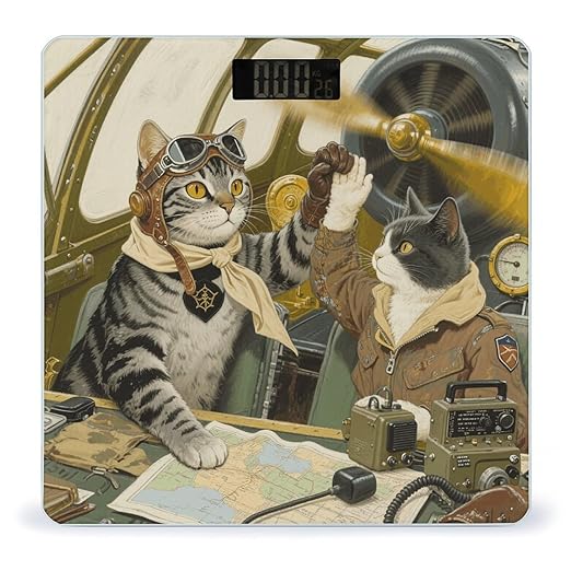 Cat in Vintage Plane Scale for Body Weight Sturdy Tempered Glass Weighing Scales with LCD Display Accurate Digital Bathroom Scale Convenient Body Fat Smart Scales Easy Read