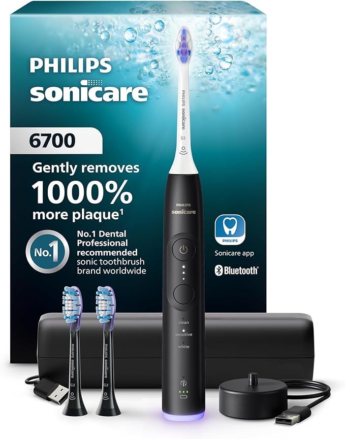 Philips Sonicare 6700 Series Electric Toothbrush - Next-Generation Sonicare Technology Pressure Sensor 9 Brushing Settings SmarTimer BrushPacer 21-Day Runtime Travel Case Black HX7411/06
