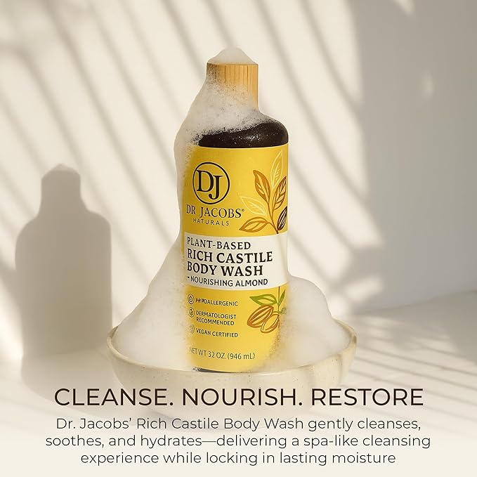 Dr. Jacobs Naturals Pure Castile Soap Liquid Body Wash Almond - Plant Based Castile Soap Infused with Vitamin E and Aloe Vera to Moisturize Dry and Sensitive Skin - Made in The USA - 32 oz Pack of 1