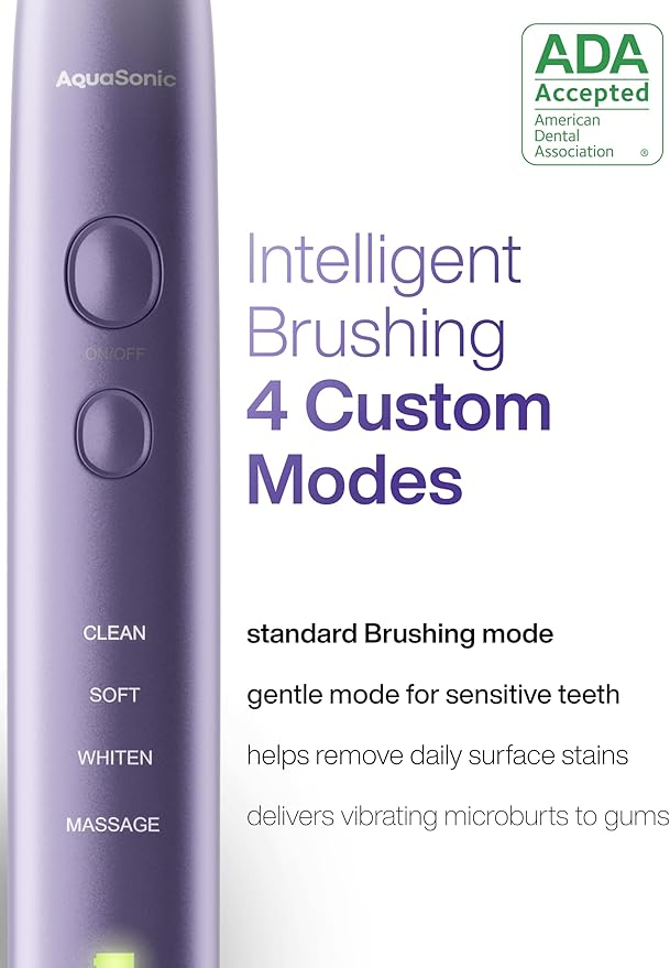 Aquasonic Vibe Series Ultra-Whitening Toothbrush – ADA Accepted Electric Toothbrush - 8 Brush Heads &amp Travel Case – 40000 VPM Motor &amp Wireless Charging - 4 Modes w Smart Timer – Satin Violet
