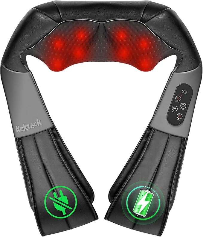Nekteck Cordless Shiatsu Neck and Back Massager with Soothing Heat Rechargeable Electric Deep Tissue 3D Kneading Massage Pillow for Shoulder Leg Body Muscle Pain Relief 3 Speed Intensities