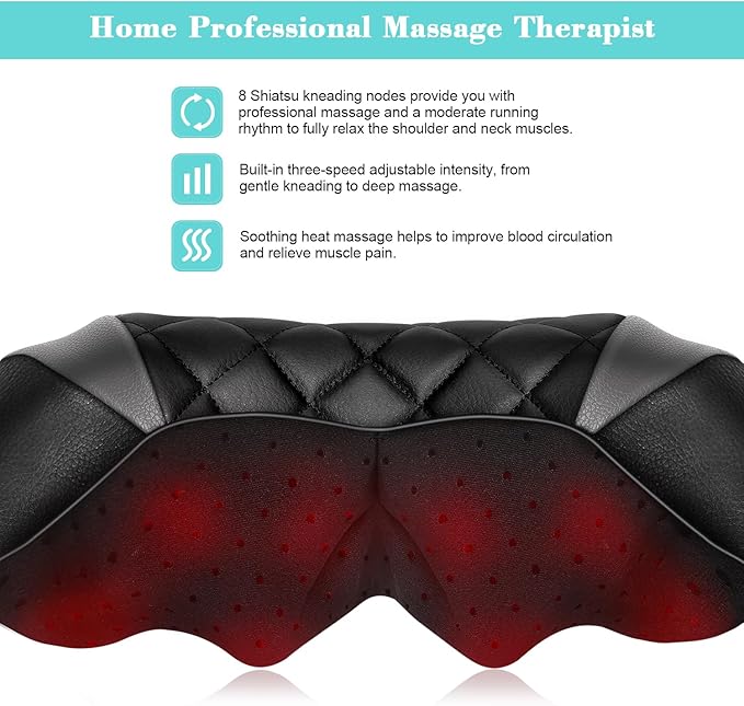 Shiatsu Neck and Back Massager with Heat Electric Deep Tissue 4D Kneading Massage Pillow for Shoulder Leg Body Muscle Pain Relief - Best Gifts for Women Men Mom Dad (Black Grey)