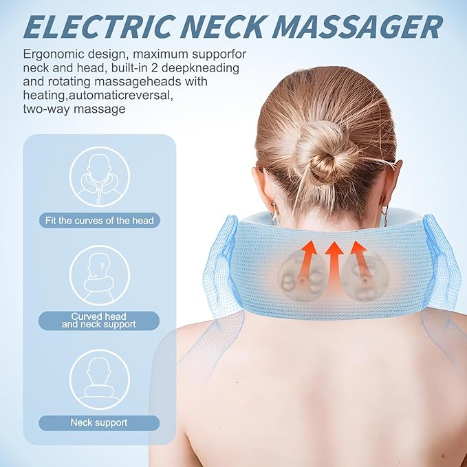Electric Neck MassagerPortable Travel Pillow with Massage and HeatRechargeable Vibrating Neck Pillow MassagerPerfect for Pain Relief at Home OfficeTravelFathers Day Gift Ideas(Blue)