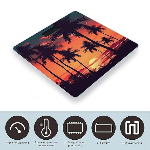 Palm Tree Summer Sunset Bathroom Scale Large LCD Backlight Display Digital Scale Rounded Corners Body Scales Automatic Power On/Off Bathroom Scales for Home Bedrooms