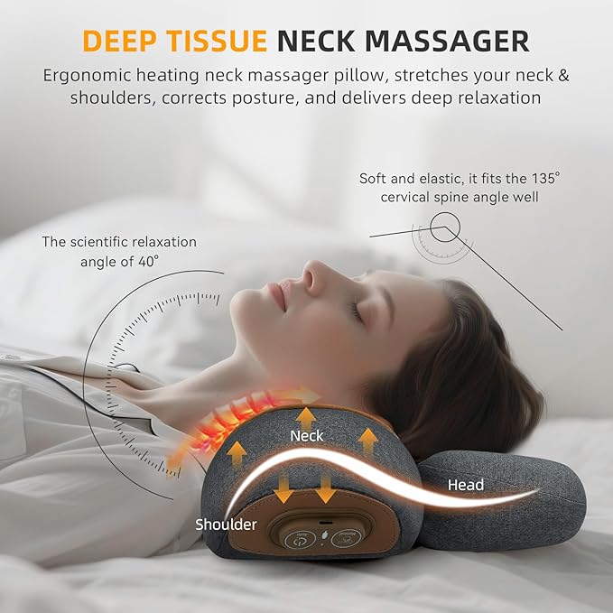 3-in-1 Neck Massager Pillow with Heat &amp Traction Deep Tissue Cervical Traction Device for Neck Hump Corrector Shoulder &amp Upper Back Pain Relief Relaxing TheraPillow Support