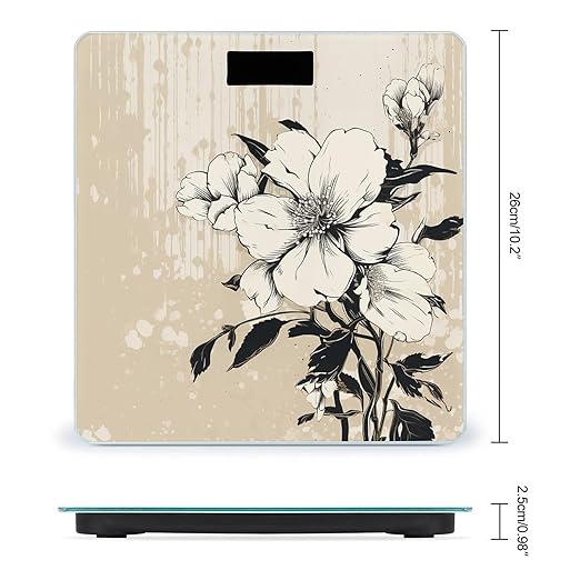 Beige Floral Pattern Scale for Body Weight Anti-Slip Tempered Glass Digital Bathroom Scales Clear LCD Display Weighing Scale Safe Rounded Corners Smart Scales
