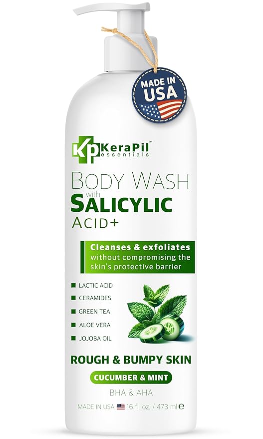 Exfoliating Body Wash with Salicylic Acid - No Dry Out Gentle Exfoliates Rough and Bumpy Skin Body Acne Wash BHA &amp AHA - Cucumber and Mint Salicylic Acid Body Wash - (16 fl oz)