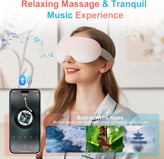 Eye Massager with Heat and Cooling for Migraines – 14 Massage Nodes for Eye Strain Relief Rechargeable Bluetooth Music Improve SleepEye Strain Relief Birthday Gifts for Women and Men(Pink)