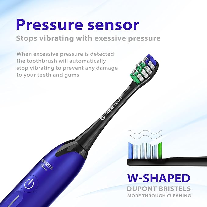 Wagner Stern Ultrasonic whitening Toothbrush with Pressure Sensor. 5 Brushing Modes and 4 Levels of Intensity 8 Soft bristles Travel case.