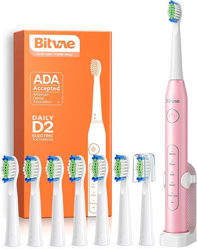 Bitvae Ultrasonic Electric Toothbrush - Rechargeable Sonic Electric Toothbrush for Adults and Kids Power Toothbrush with Holder 8 Brush Heads Smart Timer Fast Charge Pink D2