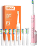 Bitvae Ultrasonic Electric Toothbrush - Rechargeable Sonic Electric Toothbrush for Adults and Kids Power Toothbrush with Holder 8 Brush Heads Smart Timer Fast Charge Pink D2