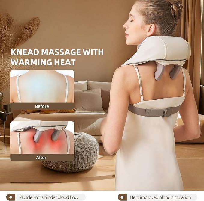 Neck Massager with Heat Cordless Neck and Shoulder Massage Rechargeable Shiatsu 6D Kneading Massager for Pain Relief Deep Tissue Gift for Mom&ampDad (Light Beige)