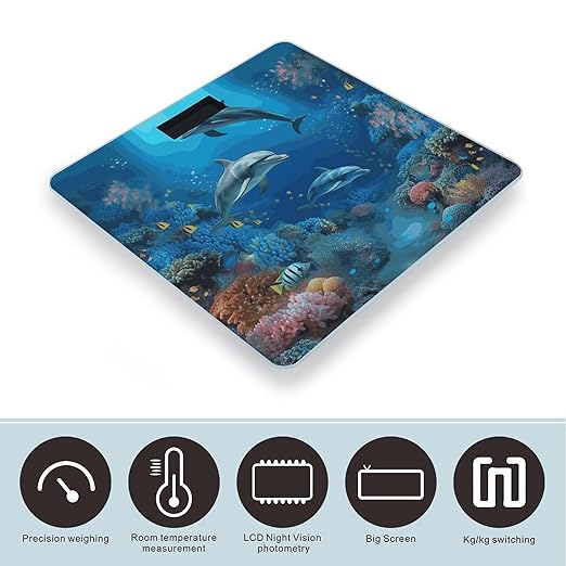 Underwater World Dolphins Coral Scale for Body Weight Anti-Slip Sturdy Tempered Glass Weighing Machine Highly Digital Accurate Bright LCD Bathroom Scale for Household Gift