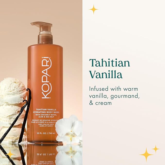 Kopari Jumbo Tahitian Vanilla Hydrating Body Wash | 25 oz Gel-Based Body Cleanser with Coconut Water Aloe &amp Sea Kelp | Rich Lather Signature Coconut Milk Scent