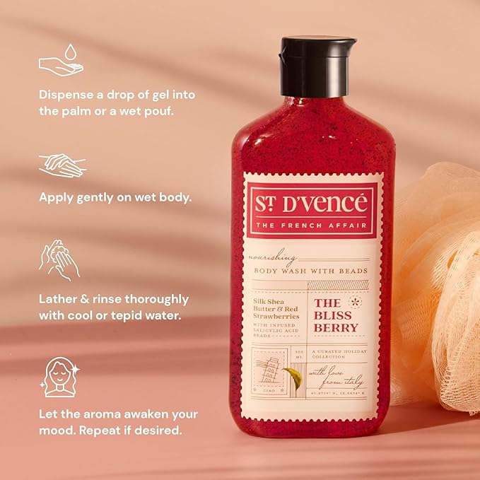 St. D’vence Bliss Berry Salicylic Acid Body Wash Shower Gel for Women &amp Men with Strawberry &amp Raw Shea Butter | Body Wash for Summer | Tan Removal Paraben &amp SLS Free - 300 ml