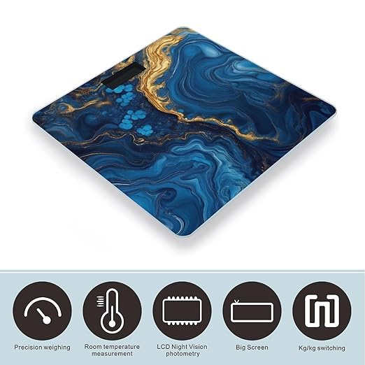 Women's Fashion Automatic Switch Digital Bathroom Weighing Scale Smart Scale Luxury Marble Texture Gold and Blue