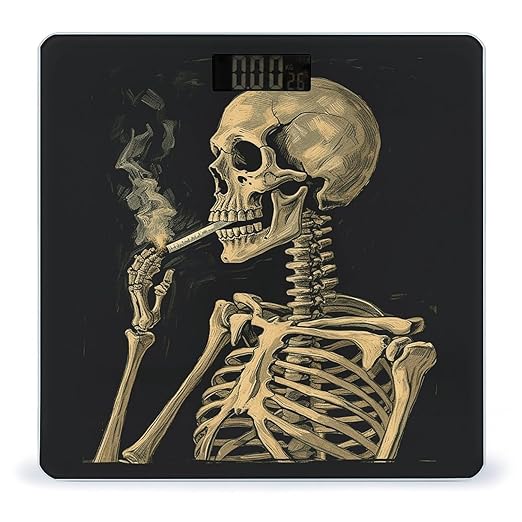 A Skeleton with Burning Cigarette Scale for Body Weight Safe Rounded Corners Tempered Glass Digital Bathroom Scale LED Display 400lb Capacity Weight Scales with High Precision Sensors