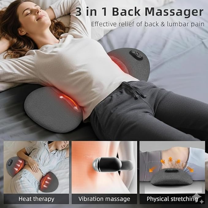 3 in 1 Back Massager for Spine and Lower Back Electric Lumbar Massager with Heat Spine Massage Pillow with Traction Support for Home and Office Comfort (Grey)