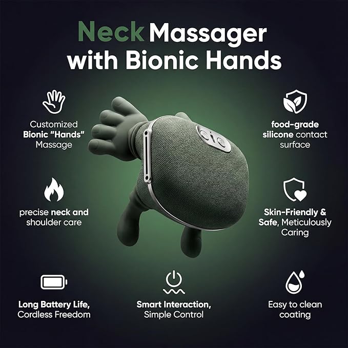 Neck Massager with Heat Portable Shoulder &amp Back Cordless Deep-Tissue Kneading Quiet Brushless Motor Adjustable Strap USB-C Rechargeable Non-Slip Grip Home/Office/Travel – Green