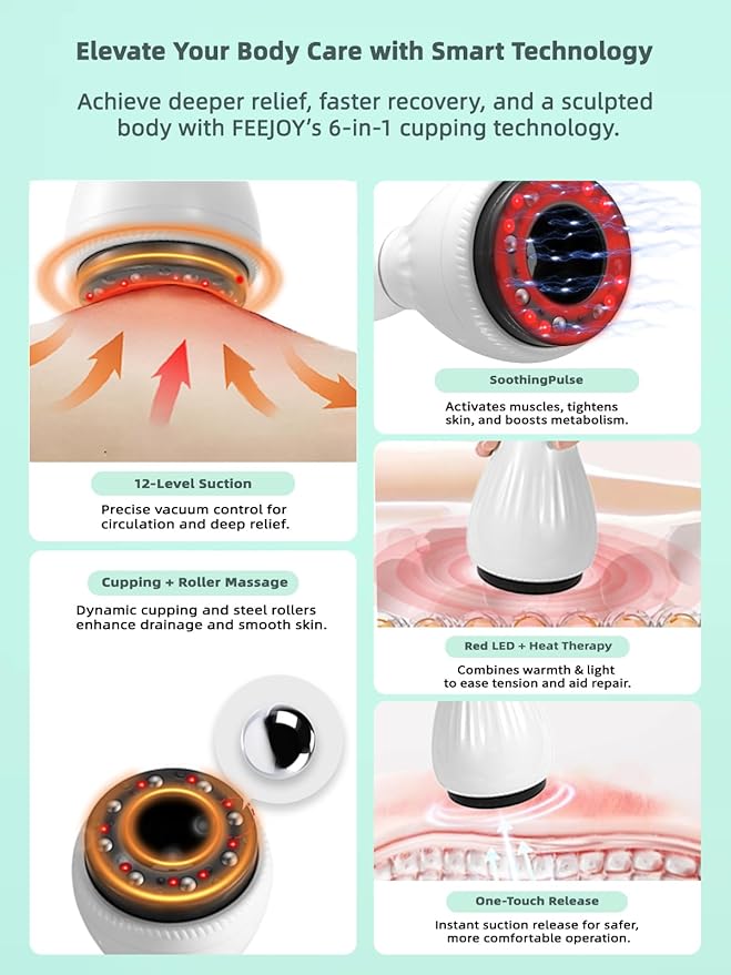 Electric Lymphatic Drainage Massager with Pulse Therapy &amp Heat – 12-Level Cupping Massage Device for Cellulite Reduction Body Sculpting Deep Tissue Pain Relief &amp Muscle Recovery White