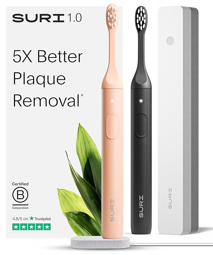 SURI 1.0 Sonic Electric Toothbrush (Double Pack) with UV Cleaning Travel Case | 1 Month+ Battery | Designed in California | Electric Toothbrush for Adults | Travel Toothbrushes | Pink &amp Black