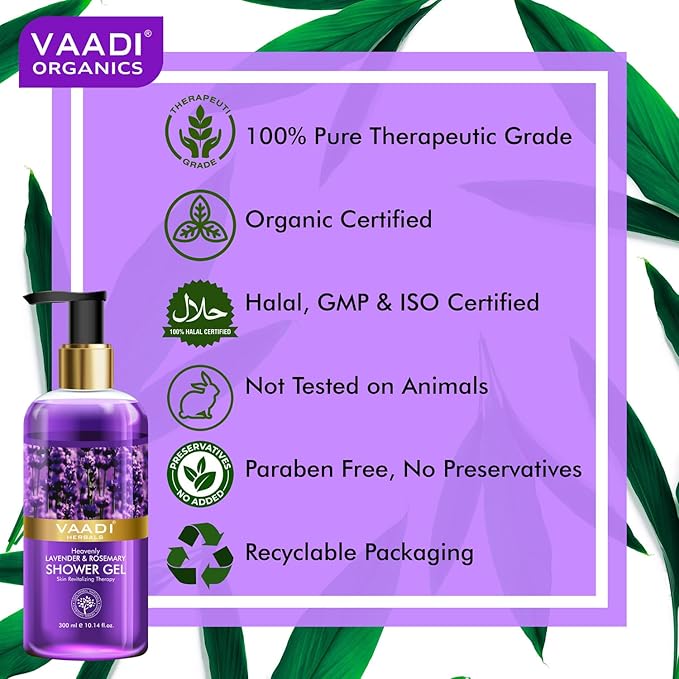 Vaadi Herbals Shower Gel - Sulfate-Free - Herbal Body Wash Both For Men And Women - 300 Ml (10.14 Fl Oz) - (Heavenly Lavender &amp Rosemary) (2 Bottles)