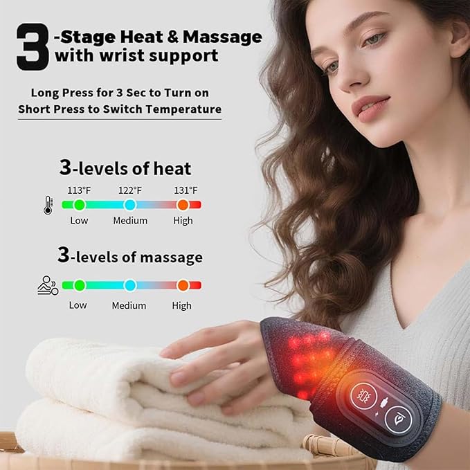 Rechargeable Adjustable Electric Wrist Massager Cordless Wrist Heating Pad Massager Muscle Stimulator with 8 Modes 30 Intensity Wrists Tendon Heating Pad for Hand Relaxing (B1)