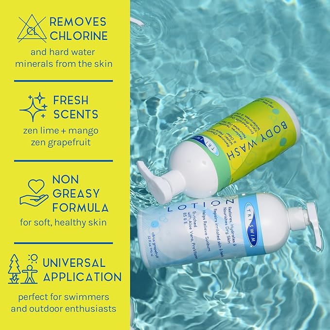 TRISWIM 32oz Swim Skin Care Set | Chlorine Removal Body Wash &amp After Swim Lotion with Pump | Removes Chlorine &amp Moisturizes Skin After Swimming | Professional Swimmer Care